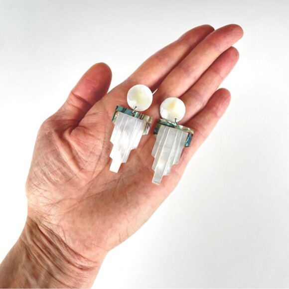 Carved Mother of Pearl and Abalone Shell Earrings - Picture 1 of 13